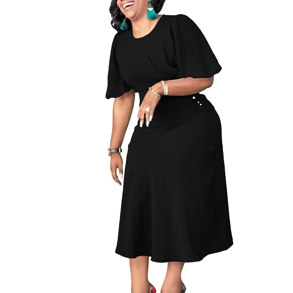 Elegant Office Ladies Dresses O Neck Short Sleeve Sheath Straight Mid Calf Solid Formal Female Business Work Wear Dress Midi New