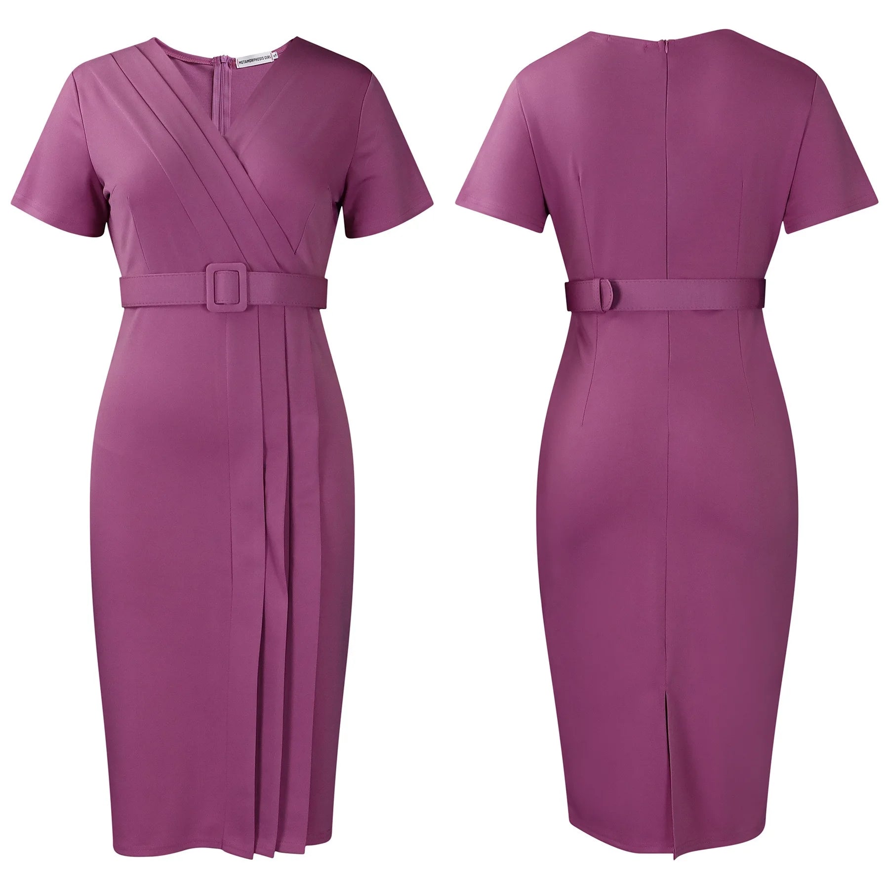 Elegant Office Dresses for Women V Neck Short Sleeve Belt Waisted Pleated Mid Calf Formal Business Work Wear Dress Midi Clothes
