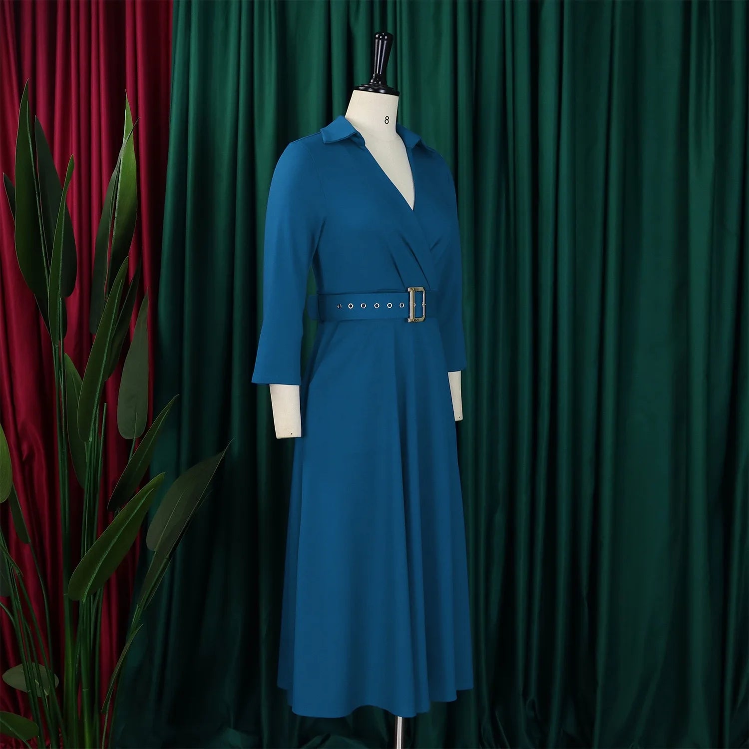 Fashion Office Dresses for Women Turn Down Collar V Neck Belt Waisted Pleated Mid Calf Elegant African Business Work Dress Cloth