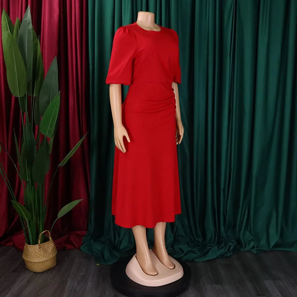 Elegant Office Ladies Dresses O Neck Short Sleeve Sheath Straight Mid Calf Solid Formal Female Business Work Wear Dress Midi New