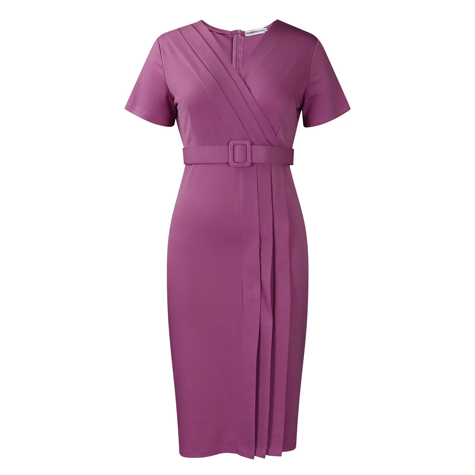 Elegant Office Dresses for Women V Neck Short Sleeve Belt Waisted Pleated Mid Calf Formal Business Work Wear Dress Midi Clothes