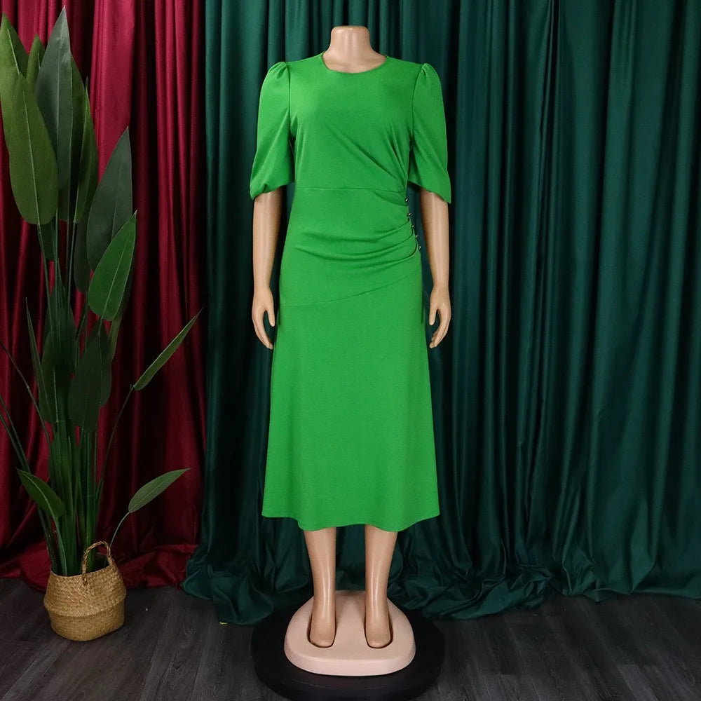 Elegant Office Ladies Dresses O Neck Short Sleeve Sheath Straight Mid Calf Solid Formal Female Business Work Wear Dress Midi New
