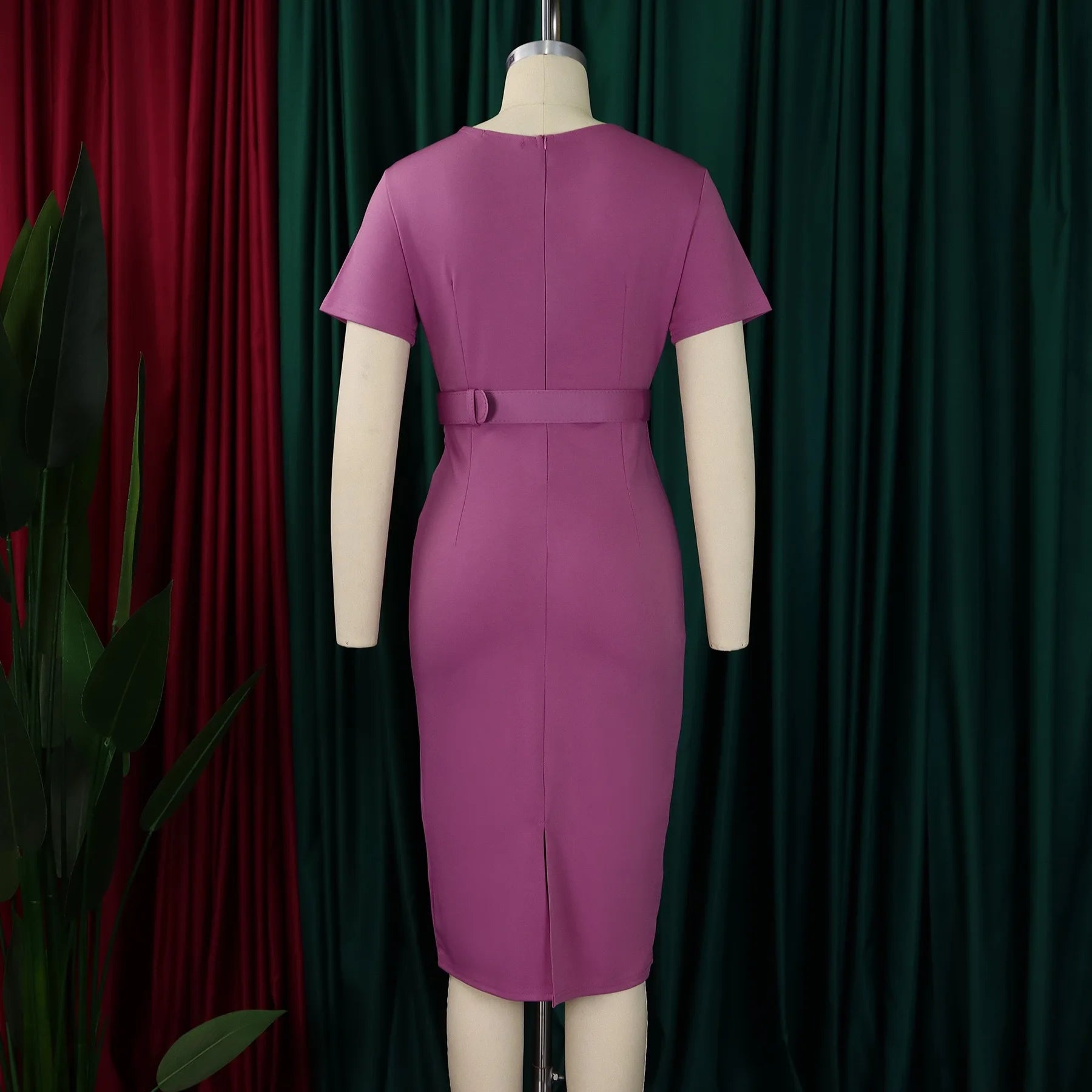 Elegant Office Dresses for Women V Neck Short Sleeve Belt Waisted Pleated Mid Calf Formal Business Work Wear Dress Midi Clothes