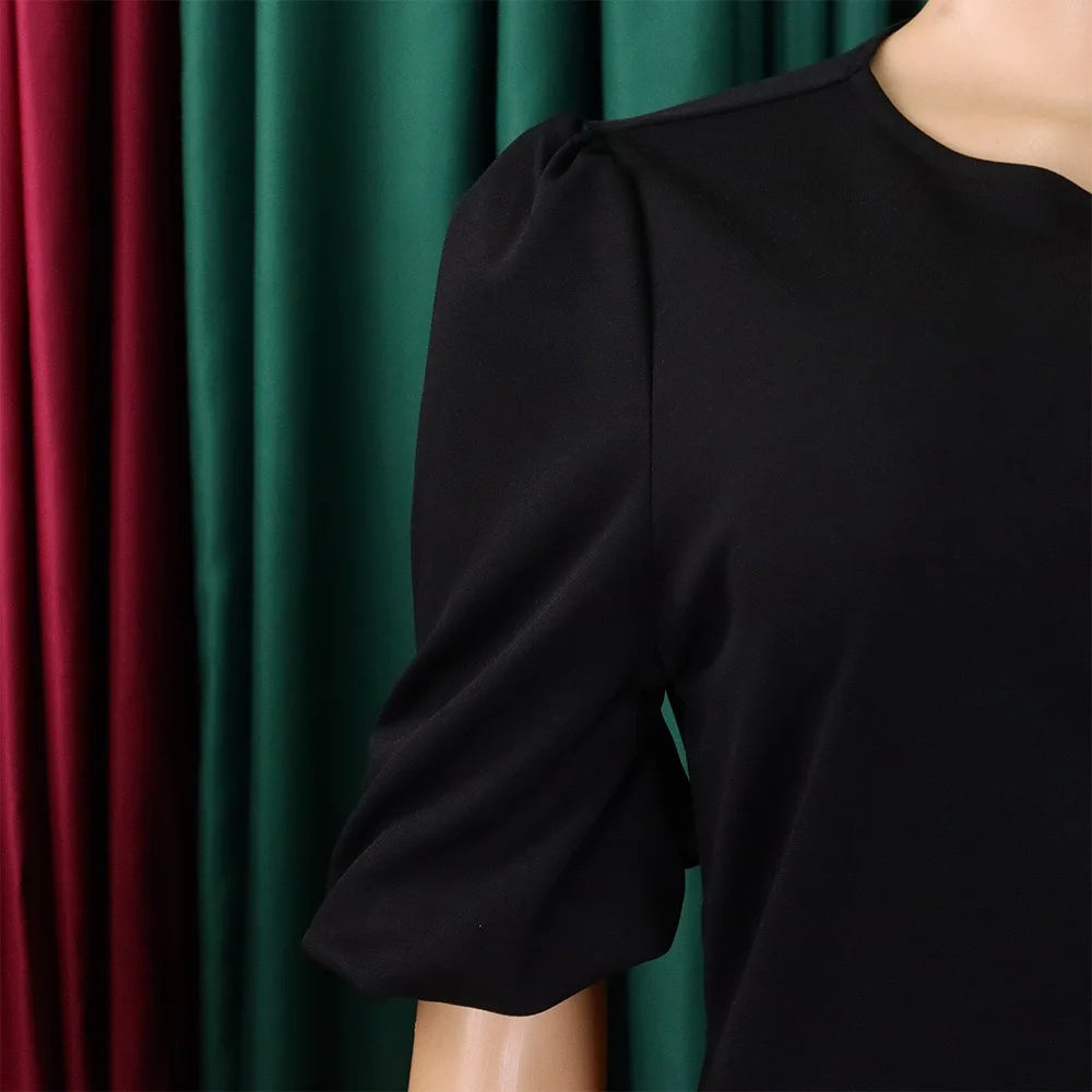 Elegant Office Ladies Dresses O Neck Short Sleeve Sheath Straight Mid Calf Solid Formal Female Business Work Wear Dress Midi New