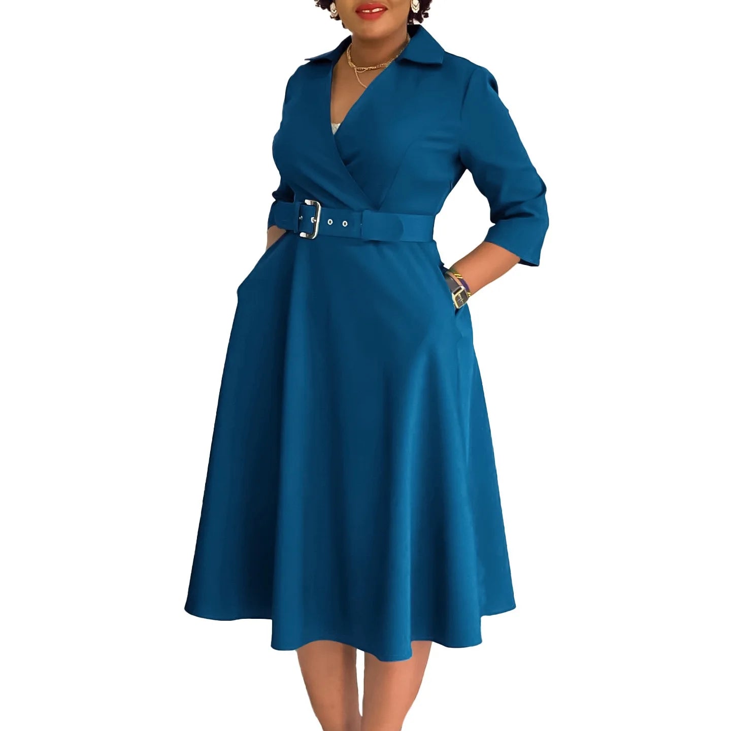 Fashion Office Dresses for Women Turn Down Collar V Neck Belt Waisted Pleated Mid Calf Elegant African Business Work Dress Cloth