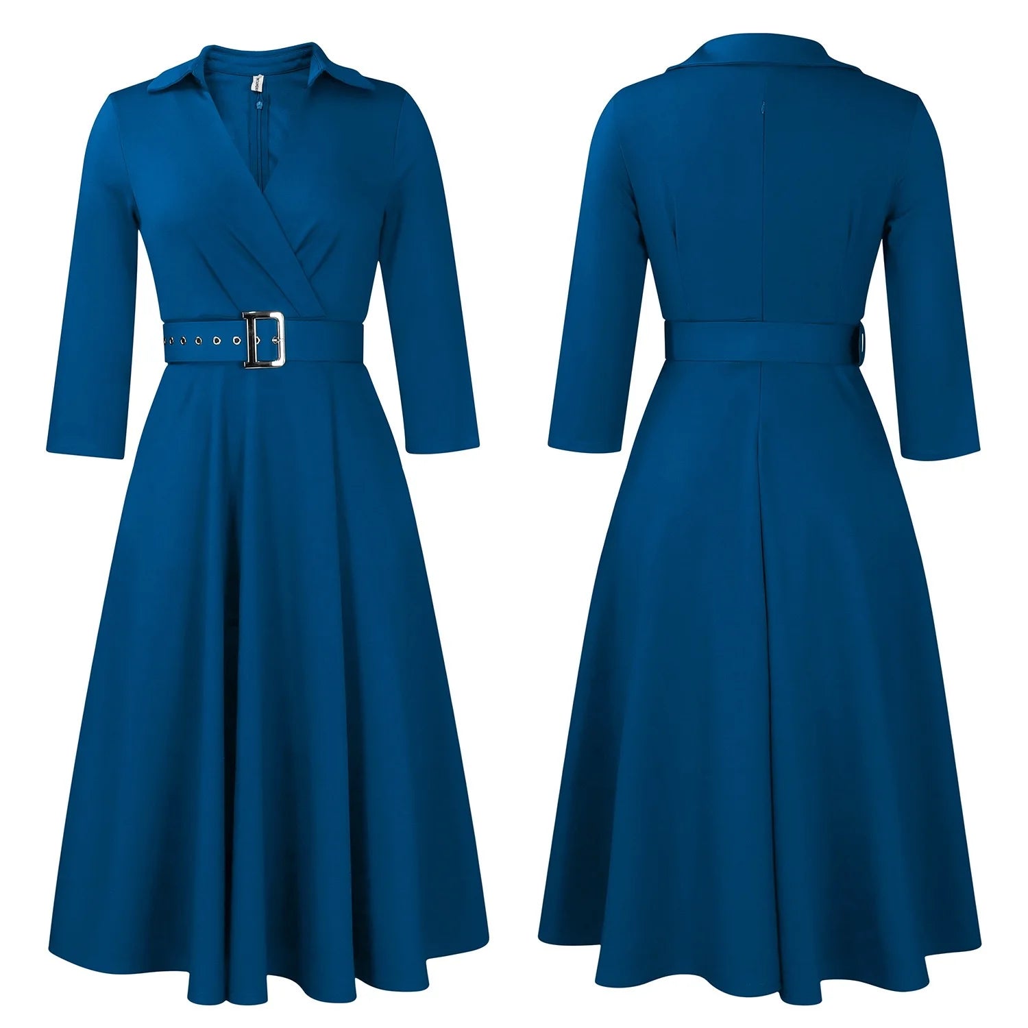 Fashion Office Dresses for Women Turn Down Collar V Neck Belt Waisted Pleated Mid Calf Elegant African Business Work Dress Cloth