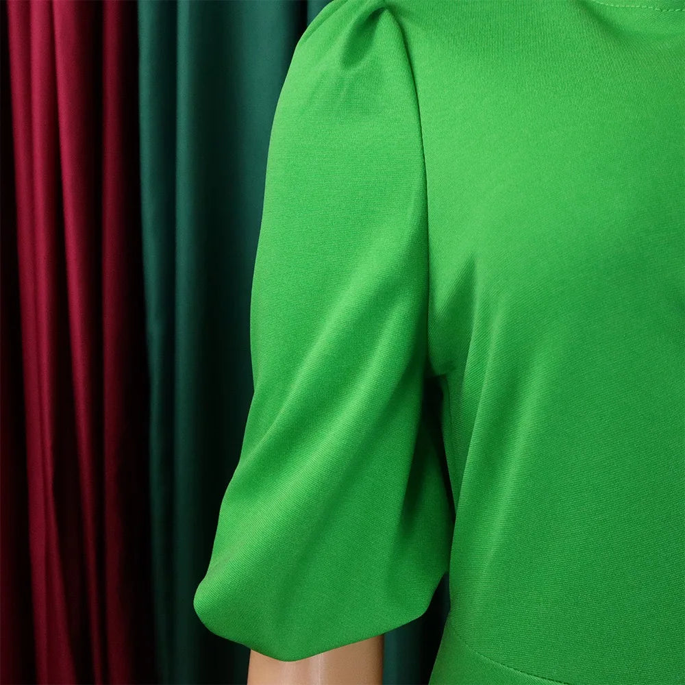 Elegant Office Ladies Dresses O Neck Short Sleeve Sheath Straight Mid Calf Solid Formal Female Business Work Wear Dress Midi New