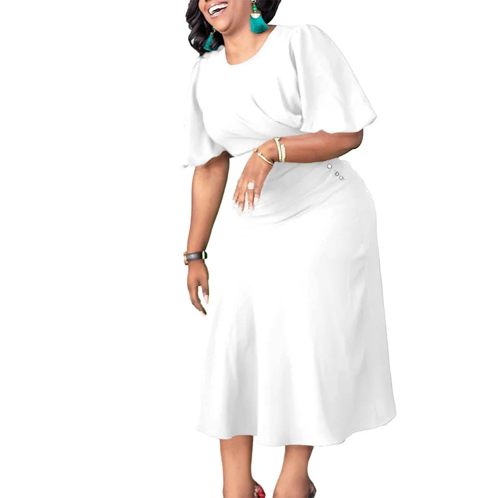 Elegant Office Ladies Dresses O Neck Short Sleeve Sheath Straight Mid Calf Solid Formal Female Business Work Wear Dress Midi New