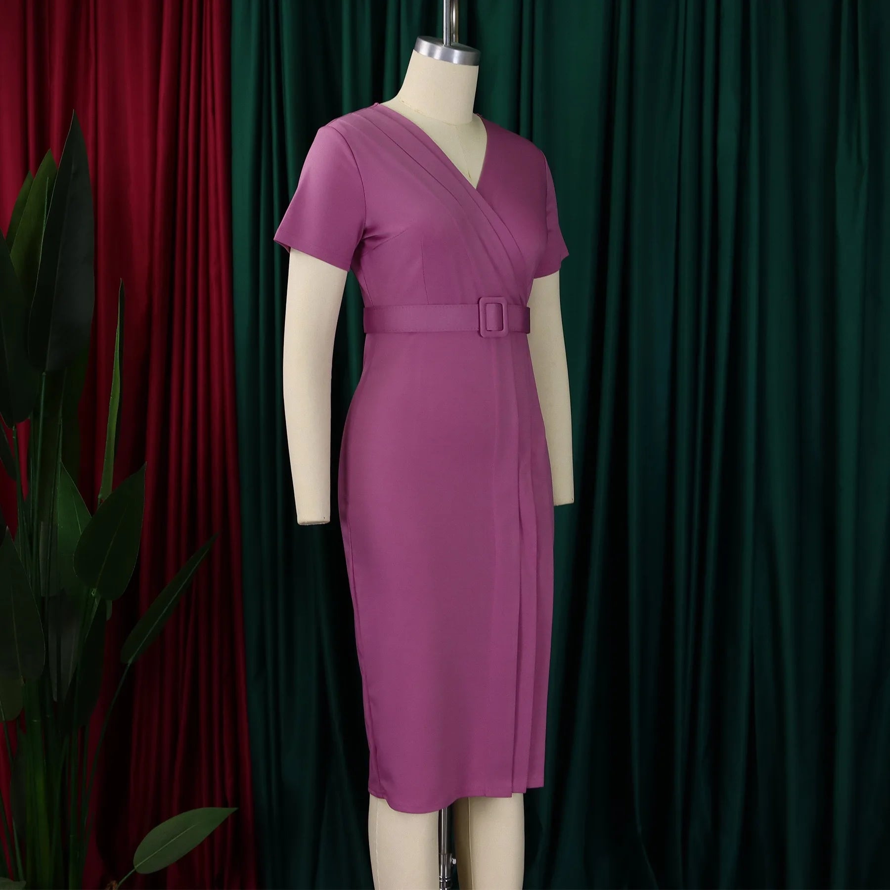 Elegant Office Dresses for Women V Neck Short Sleeve Belt Waisted Pleated Mid Calf Formal Business Work Wear Dress Midi Clothes