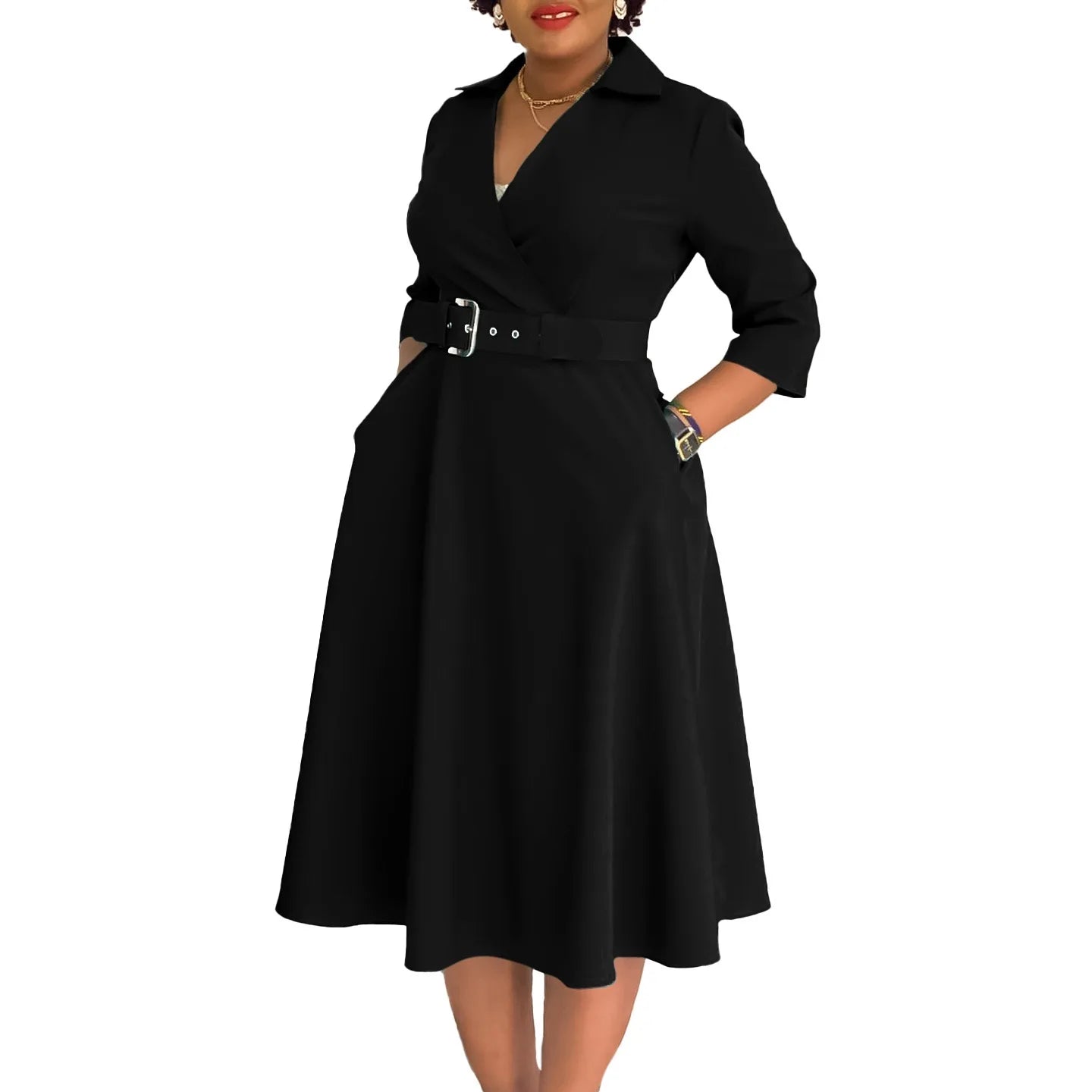 Fashion Office Dresses for Women Turn Down Collar V Neck Belt Waisted Pleated Mid Calf Elegant African Business Work Dress Cloth